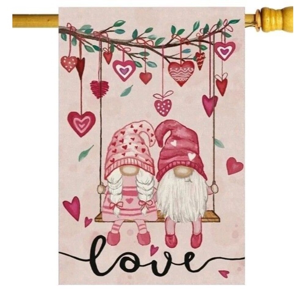 Valentine’s Day Romantic Swing Gnome Love Hearts House Flag Big Large Burlap...